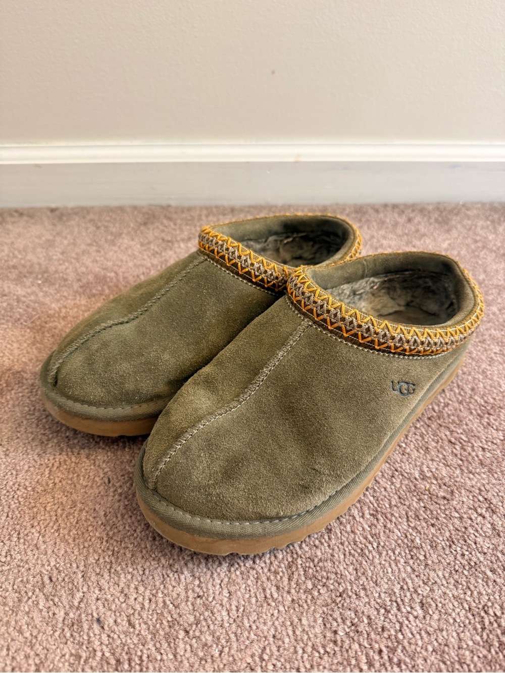 UGG Olive Suede Shearling Clog with Decorative Trim